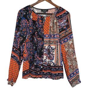 Karen Kane Blouse Top Women Size M Multicolor Paisley‎ Button Front USA Made